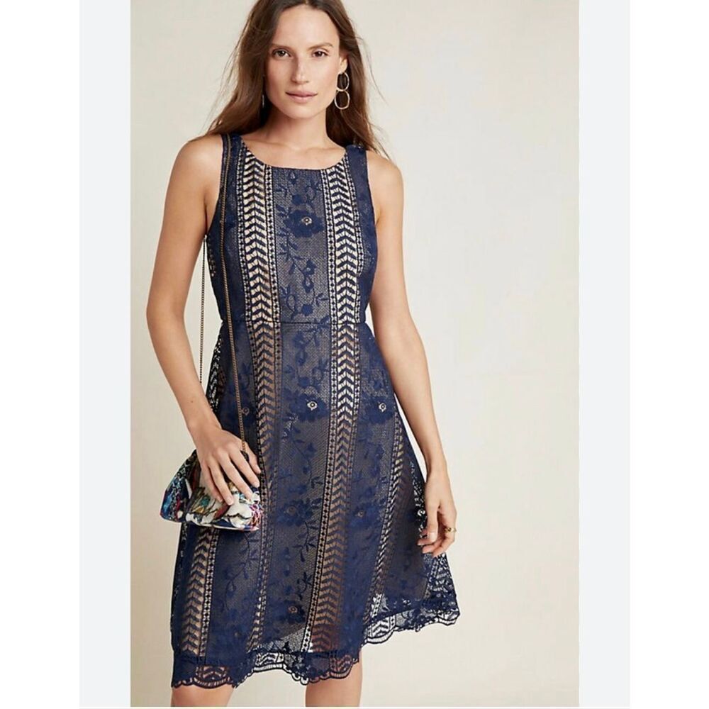 Anthropologie Georgia Navy & Nude Lace Sleeveless Dress sz 4 NWOT